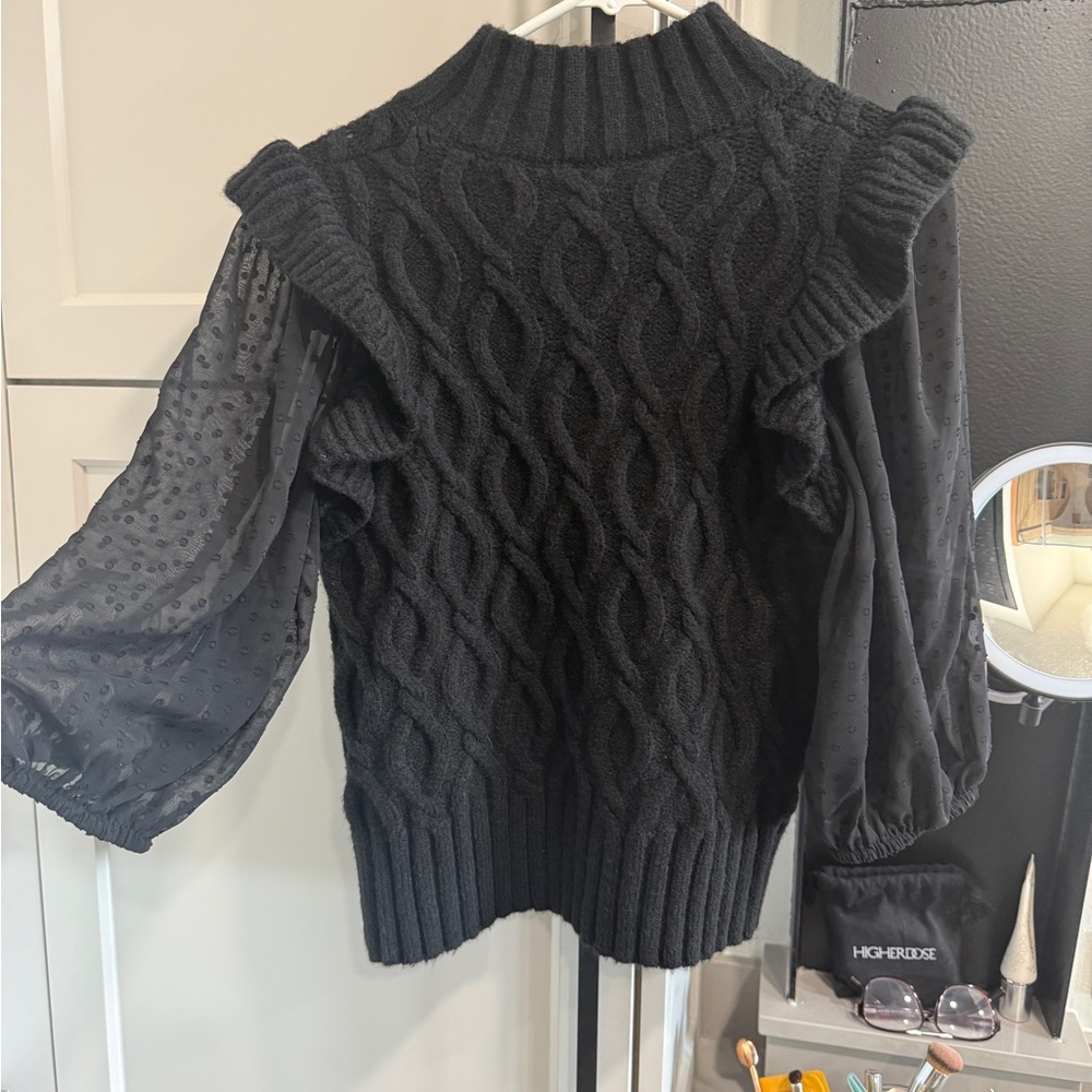 Elegant Black Cable Knit Sweater with Sheer Sleeves
